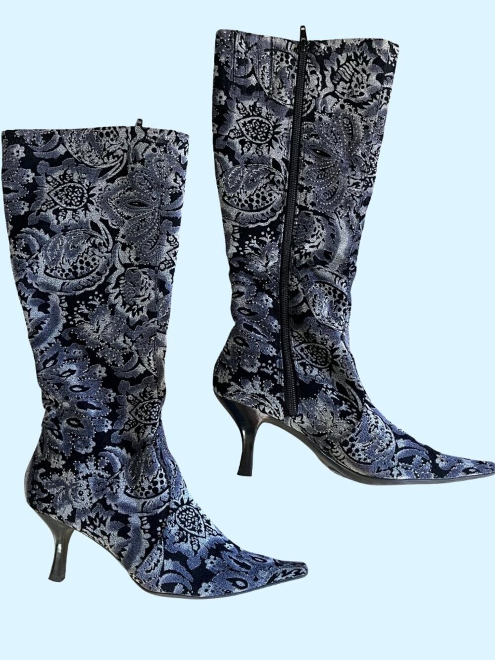 Blue Black Brocade Knee High Boots Pointed Toe Kitten Heel Y2K